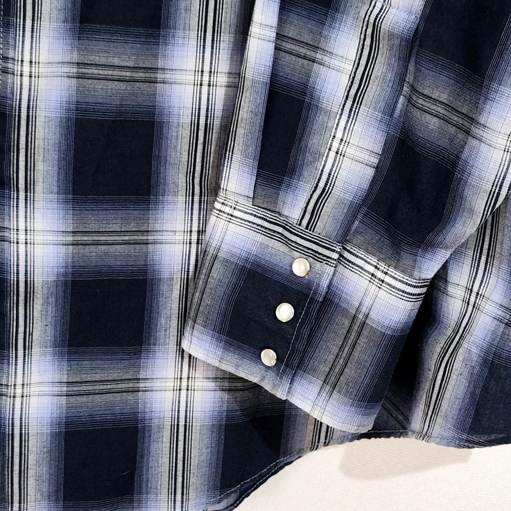 Ely Cattleman Long Sleeve Pearl Snap Shirt Mens XXL Blue Plaid Western Cowboy‎